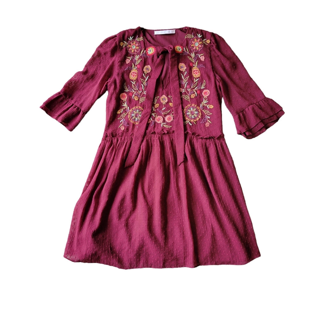 Zara Red Boho Embroidered Floral Mini Dress